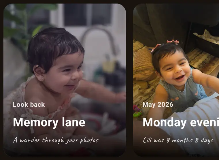 Lilium's home screen with Memory Lane, a way back through old photos, and a memory marked Lili was 8 months 8 days
