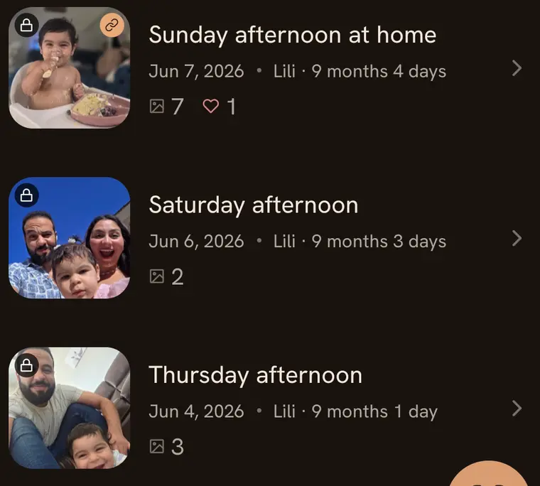 Lilium's library: three moments in a list, each with a date and the child's age, such as Sunday afternoon at home, Lili, 9 months 4 days