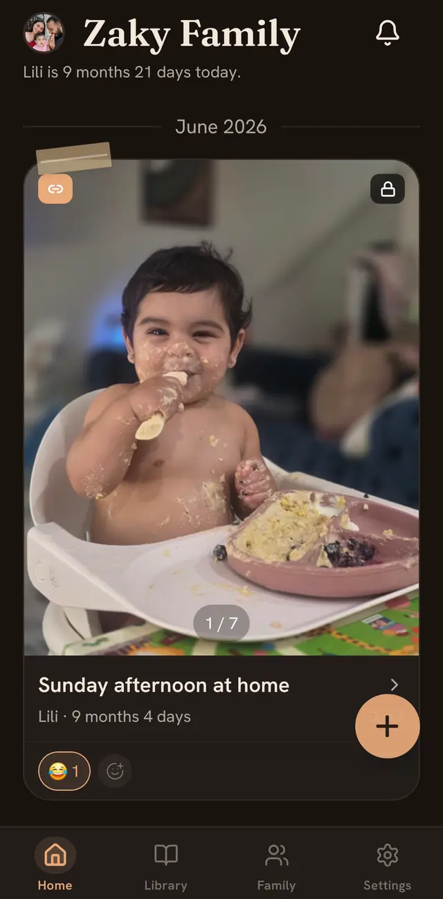 Lilium's home feed: a memory called Sunday afternoon at home, a smiling baby in a high chair, with the line Lili, 9 months 4 days
