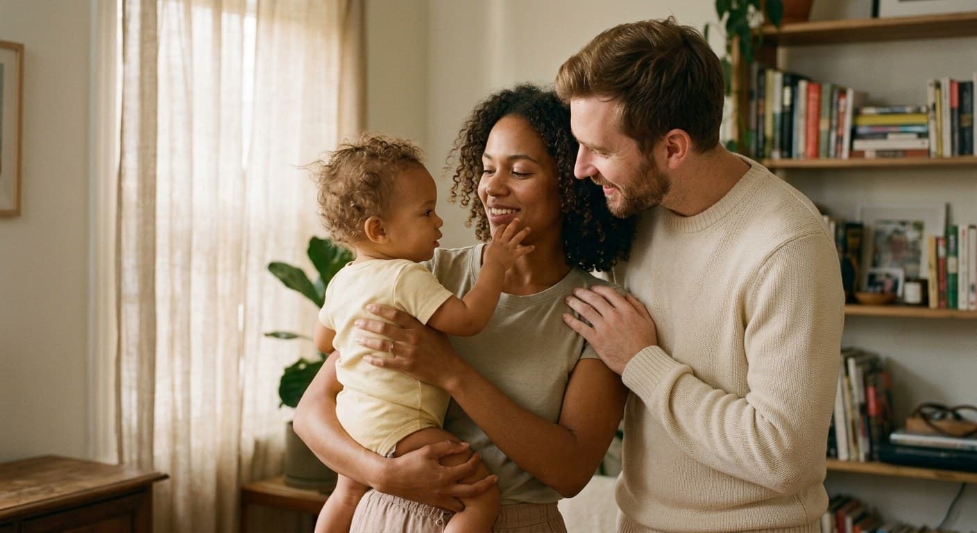Two parents laughing with their toddler in a sunlit living room