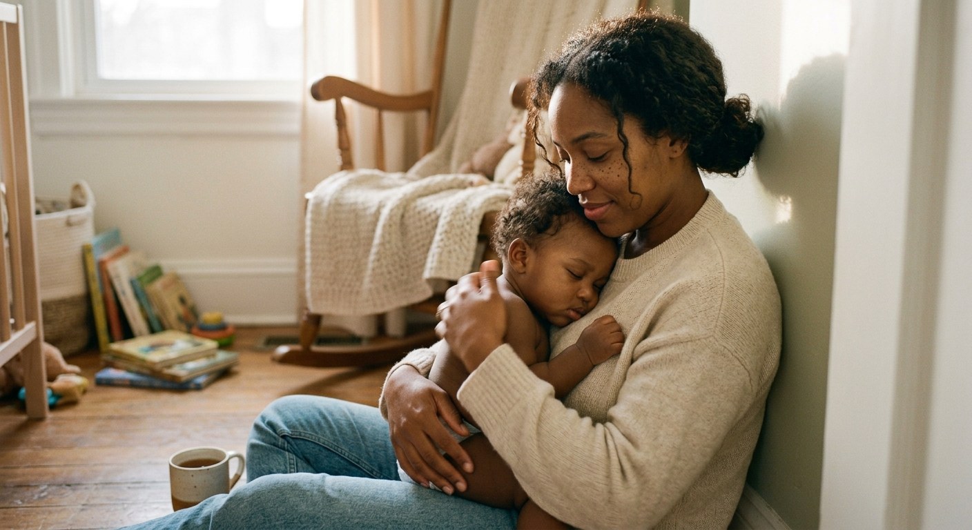 A mother holding her sleeping baby in a quiet nursery