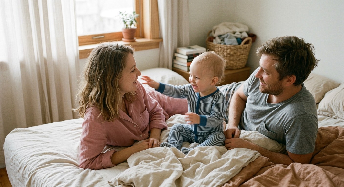 A mother, father and baby playing together on a bed