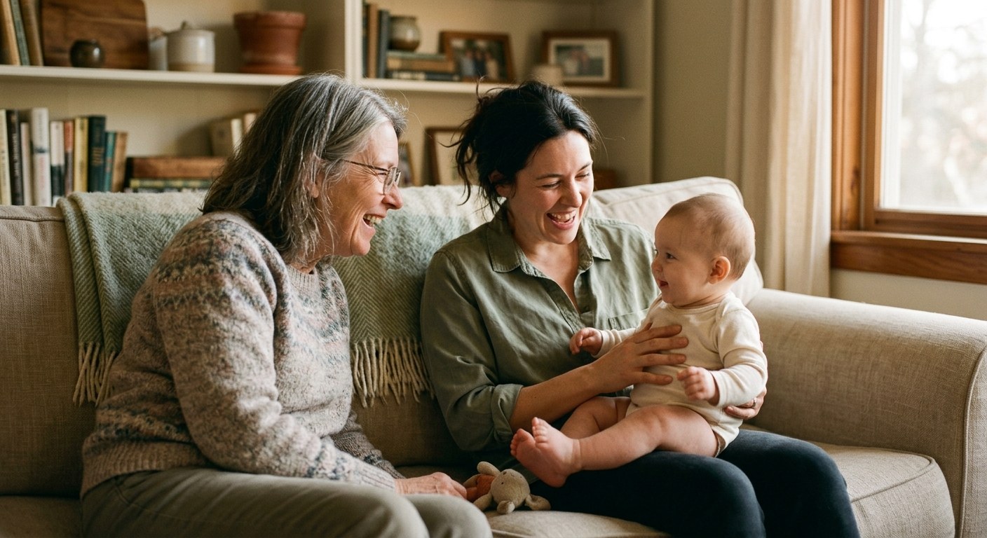 A grandmother, mother and baby laughing together on a sofa